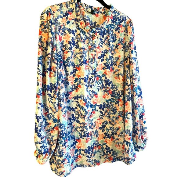 Talbots Women's Plus Size White Blue Pink Blouse Size 1X Ruffled Collar Work - Picture 2 of 3